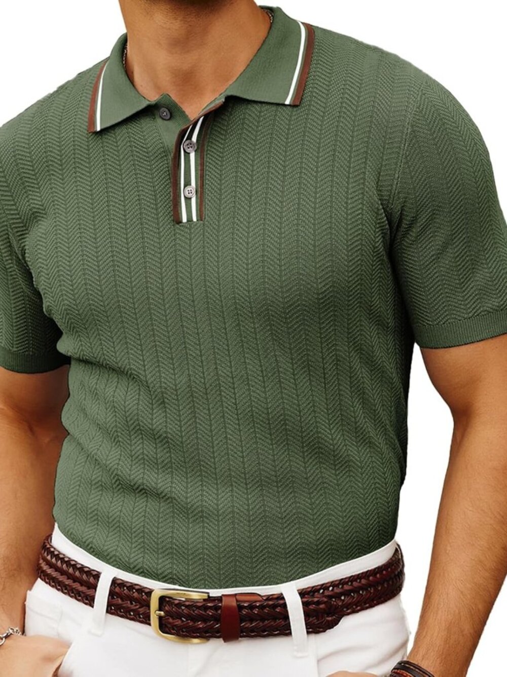 Men's Green Knitted Polo Short Sleeve Textured Pullover Golf Tee Shirt